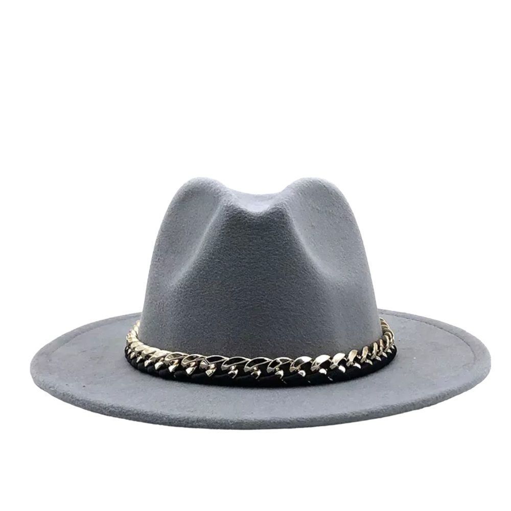 Gray Fedora Hat Stiff Brim Tall Dented Crown Chunky Chain Hat NEW
